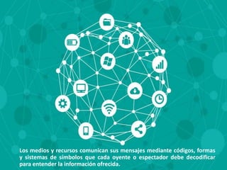 Los medios y recursos comunican sus mensajes mediante códigos, formas
y sistemas de símbolos que cada oyente o espectador debe decodificar
para entender la información ofrecida.
 