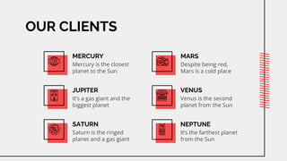 OUR CLIENTS
MERCURY
Mercury is the closest
planet to the Sun
MARS
Despite being red,
Mars is a cold place
VENUS
Venus is the second
planet from the Sun
JUPITER
Its a gas giant and the
biggest planet
SATURN
Saturn is the ringed
planet and a gas giant
NEPTUNE
Its the farthest planet
from the Sun
 