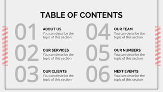 TABLE OF CONTENTS
01 ABOUT US
You can describe the
topic of this section
03 OUR CLIENTS
You can describe the
topic of this section
02 OUR SERVICES
You can describe the
topic of this section
04 OUR TEAM
You can describe the
topic of this section
05 OUR NUMBERS
You can describe the
topic of this section
06 NEXT EVENTS
You can describe the
topic of this section
 