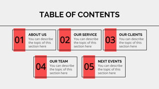 TABLE OF CONTENTS
01
ABOUT US
You can describe
the topic of this
section here
02
OUR SERVICE
You can describe
the topic of this
section here
03
OUR CLIENTS
You can describe
the topic of this
section here
04
OUR TEAM
You can describe
the topic of this
section here
05
NEXT EVENTS
You can describe
the topic of this
section here
 