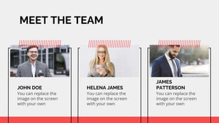 MEET THE TEAM
JOHN DOE
You can replace the
image on the screen
with your own
HELENA JAMES
You can replace the
image on the screen
with your own
JAMES
PATTERSON
You can replace the
image on the screen
with your own
 