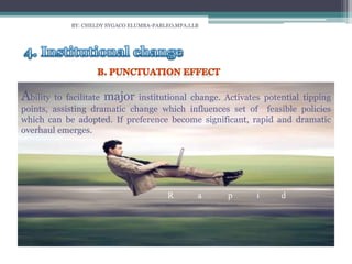 BY: CHELDY SYGACO ELUMBA-PABLEO,MPA;LLB
Ability to facilitate major institutional change. Activates potential tipping
points, assisting dramatic change which influences set of feasible policies
which can be adopted. If preference become significant, rapid and dramatic
overhaul emerges.
R a p i d
 