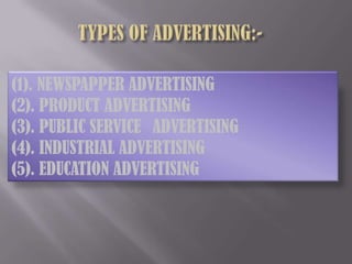 (1). NEWSPAPPER ADVERTISING
(2). PRODUCT ADVERTISING
(3). PUBLIC SERVICE ADVERTISING
(4). INDUSTRIAL ADVERTISING
(5). EDUCATION ADVERTISING

 