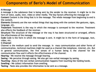 Components of Berlo’s Model of Communication
M-Message
A message is the substance that is being sent by the sender to the receiver. It might be in the
form of voice, audio, text, video or other media. The key factors affecting the message are
Content Content is the thing that is in the message. The whole message from beginning to end is
the content.
Elements Elements are the non verbal things that tag along with the content like gestures, signs,
language, etc.
Treatment Treatment is the way in which the message is conveyed to the receiver. Treatment
also effects the feedback of the receiver.
Structure The structure of the message or the way it has been structured or arranged, affects
the effectiveness of the message.
Code Code is the form in which the message is sent. It might be in the form of language, text,
video, etc.
C-Channel
Channel is the medium used to send the message. In mass communication and other forms of
communication, technical machines might be used as a channel like telephone, internet, etc. But
in general communication, the five senses of a human being is the channel for the
communication flow and it affects the effectiveness of the channel.
Hearing – We receive the message through hearing.
Seeing – We perceive through seeing. We also get non-verbal messages by seeing.
Touching – Many of the non-verbal communication happens from touching like holding hands.
Smelling – We collect information from smelling.
Tasting – Taste also provides the information to be sent as a message.
 