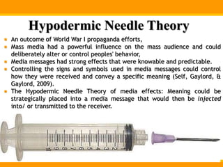 Hypodermic Needle Theory
An outcome of World War I propaganda efforts,
Mass media had a powerful influence on the mass audience and could
deliberately alter or control peoples' behavior,
Media messages had strong effects that were knowable and predictable.
Controlling the signs and symbols used in media messages could control
how they were received and convey a specific meaning (Self, Gaylord, &
Gaylord, 2009).
The Hypodermic Needle Theory of media effects: Meaning could be
strategically placed into a media message that would then be injected
into/ or transmitted to the receiver.
 