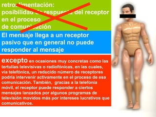 retroalimentación:
posibilidad de respuesta del receptor
en el proceso
de comunicación
El mensaje llega a un receptor
pasivo que en general no puede
responder al mensaje
excepto en ocasiones muy concretas como las
tertulias televisivas o radiofónicas, en las cuales,
vía telefónica, un reducido número de receptores
podría intervenir activamente en el proceso de esa
comunicación. También, gracias a la telefonía
móvil, el receptor puede responder a ciertos
mensajes lanzados por algunos programas de
televisión movidos más por intereses lucrativos que
comunicativos.
 