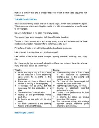 that it is a comedy that one is expected to seen. Watch the film’s title sequence with
this in mind.
THEATRE AND CINEMA
“I can take any empty space and call it a bare stage. A man walks across this space
Whilst someone else is watching him, and this is all that is needed an acto of theatre
to be engaged.”
So says Peter Brook in his book The Empty Space.
You cannot have a more succinct definition of theatre than this.
Theatre is Live communication and actors, empty space and audience are the three
most essential factors necessary for a performance of a play.
Prima facie, theatre is an art that looks to be the closest to cinema.
Like cinema it is audio-visual and, spatio-temporal…
Like cinema it has actors, scene changes, lighting, costume, make up, sets, story,
etc.
But, these similarities are superficial and the differences between these two arts are
many and basic as can be seen below-
Theatre Cinema
 While watching a play – Point of view
of the spectator is fixed depending
upon where he is sitting in the
auditorium.
 Each spectator has a different point
of view of looking at the stage/play.
 Technology can be useful, but not
necessary for the production of a
play.
 Theatre is Live Communication.
 Quality of the performance varies
each time.
 In theatre we see actors in life size
reality.
 An actor’s presence is the defining
feature of the art of theatre.
 While watching a film – Point of view
of the spectator is constantly
changing due to the editing and
camera movements.
 Each spectator has the same point of
view as the other at all times.
 Technology is absolutely essential.
 Cinema is absolutely recorded
audiovisual images.
 Quality of the performance is fixed
once and for all.
 In cinema, the actors are always
larger than life images.
 The process of editing, which brings
together various elements gives
cinema its own identity.
Returning to Cinema
 