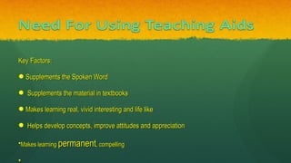 Key Factors:Key Factors:
Supplements the Spoken WordSupplements the Spoken Word
 Supplements the material in textbooksSupplements the material in textbooks
Makes learning real, vivid interesting and life likeMakes learning real, vivid interesting and life like
 Helps develop concepts, improve attitudes and appreciationHelps develop concepts, improve attitudes and appreciation
•Makes learningMakes learning permanentpermanent, compelling, compelling
•
 