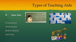  Basic Aids:Basic Aids:
Chalk BoardChalk Board
White BoardWhite Board
Bulletin BoardsBulletin Boards
Field TripsField Trips
Types of Teaching Aids
 