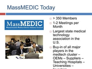 MassMEDIC Today
                > 350 Members
                1-2 Meetings per
                 Month
                Largest state medical
                 technology
                 association in the
                 U.S.
                Buy-in of all major
                 players in the
                 medtech cluster –
                 OEMs – Suppliers –
                 Teaching Hospitals –
                 Universities –
 