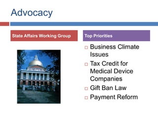 Advocacy

State Affairs Working Group   Top Priorities

                                 Business Climate
                                  Issues
                                 Tax Credit for
                                  Medical Device
                                  Companies
                                 Gift Ban Law
                                 Payment Reform
 