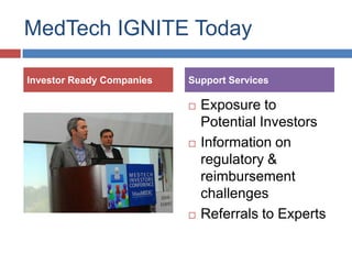 MedTech IGNITE Today

Investor Ready Companies   Support Services

                              Exposure to
                               Potential Investors
                              Information on
                               regulatory &
                               reimbursement
                               challenges
                              Referrals to Experts
 
