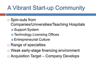 A Vibrant Start-up Community
   Spin-outs from
    Companies/Universities/Teaching Hospitals
     Support System
     Technology Licensing Offices

     Entrepreneurial Culture

   Range of specialties
   Weak early-stage financing environment
   Acquisition Target – Company Develops
 