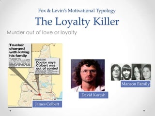 Fox & Levin’s Motivational Typology

           The Loyalty Killer
Murder out of love or loyalty




                                                   Manson Family

                                David Koresh

           James Colbert
 