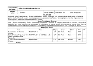 Componente
             TÉCNICA DE MASSAGEM SHIATSU
 Curricular:
   Período
               2º. Semestre                               Carga Horária: Horas-aulas: 80h          Horas relógio: 68h
    letivo:
                                                          OBJETIVOS
Ensinar e aplicar corretamente a técnica massoterápica Shiastu, de acordo com suas indicações específicas; Localizar os
pontos dos Meridianos de energia essenciais para a execução da técnica; Aplicar a técnica propriamente dita;- Supervisionar a
atuação prática dos alunos com relação à técnica Shiastu;
                                                 Bases Tecnológicas (Ementa)
Usar a técnica massoterápica Shiatsu corretamente, preparando o ambiente de trabalho, observando os cuidados e técnicas de
assepsia, bem como identificar as necessidade de reabilitação de cliente, através de anamnese e exame físico. Usar os
conhecimentos básicos de Medicina Tradicional Chinesa (MTC), como fundamentos essenciais para a execução da técnica.
                                                      Bibliografia Básica
              Título                            Autor                   Edição     Local          Editora       Ano      LT
Fundamentos de Medicina          MACIOCIA, G.                             2ª   São Paulo        Roca            2007
Chinesa.
Do-In, Shiastu e Acupuntura: Uma MARTINS, E. I. S.; LEONELLI, L. B.       2ª    São Paulo       Roca            2001
Visão Chinesa do Toque
Terapêutico
O livro completo da Terapia      NAMIKOSHI, T.                          s.ed.   São Paulo       Manole          1992
Shiastu
             Outros
 