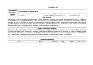 III SEMESTRE

Componente
             PLANEJAMENTO GERENCIAL II
 Curricular:
   Período
               3º. Semestre                                 Carga Horária: Horas-aulas: 40h           Horas relógio: 34h
    letivo:
                                                         OBJETIVOS
Reconhecer a importância da observação às leis: Federal, Estadual e Municipal; Identificar as etapas necessárias para a Instalação
do Gabinete e/ou Clínica Massoterápica juntos aos órgãos públicos; Estabelecer rotinas de limpeza e desinfecção; Definir o
conceito de ética na profissão de Técnico em Massoterapia; Elaborar uma planilha dos custos por técnica ofertada. Elaborar uma
planilha diária das despesas e receitas através das técnicas aplicadas. Elaborar uma planilha dos custos mensais do Gabinete
Massoterápico. laborar uma planilha das despesas anual do Gabinete Massoterápico.

                                               Bases Tecnológicas (Ementa)
Orçamentos dos materiais permanentes e do material de consumo. Levantamento das despesas fixas e variáveis. Estabelecimento
do tempo necessário para cada técnica sugerida. Supervisão da agenda. Preparação do ambiente de trabalho necessário para
cada técnica. Observância das exigências da Vigilância Sanitária com os cuidados com assepsias. Observância à Lei dos Direitos
dos Consumidores. Celebração de Parcerias com outras Empresas. Participação em Eventos Comunitários.


                                                      Biblbliografia Básica
              Título                               Autor                  Edição        Local          Editora       Ano      LT
 