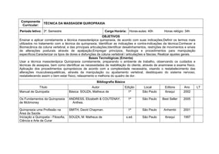 Componente
                  TÉCNICA DA MASSAGEM QUIROPRAXIA
  Curricular:
Período letivo: 3º. Semestre                                  Carga Horária: Horas-aulas: 40h          Horas relógio: 34h
                                                           OBJETIVOS
Ensinar e aplicar corretamente a técnica massoterápica quiropraxia, de acordo com suas indicações;Definir os termos mais
utilizados no tratamento com a técnica da quiropraxia; Identificar as indicações e contra-indicações da técnica;Conhecer a
Biomecânica da coluna vertebral, e das principais articulações;Identificar desalinhamentos, restrições de movimentos e sinais
de alterações posturais através de apalpação;Empregar princípios, fisiologia e procedimentos para manipulação
específicos;Caracterizar os tipos de dores e disfunções da coluna vertebral / articulações e fáscias; Realizar ajustes gerais.
                                                   Bases Tecnológicas (Ementa)
Usar a técnica massoterápica Quiropraxia corretamente, preparando o ambiente de trabalho, observando os cuidados e
técnicas de assepsia, bem como identificar as necessidades de reabilitação do cliente, através de anamnese e exame físico.
Aplicação dos procedimentos quiropráxicos de acordo com a complexidade necessária, visando o restabelecimento das
alterações musculoesqueléticas, através da manipulação ou ajustamento vertebral, desbloqueio do sistema nervoso,
restabelecendo assim o bem estar físico, relaxamento e melhoria do quadro de dor.
                                                       Bibliografia Básica
            Título                                  Autor                  Edição        Local          Editora      Ano         LT
Manual de Quiropatia                  Básica: SOUZA, Matheus de              1ª         São Paulo       Ibraqui      2002

Os Fundamentos da Quiropraxia         ANDRESS, Elizabeth & COUTENAY,          1ª        São Paulo     Best Seller    2005
de Mctimoney                            Anthea.

Quiropraxia uma Profissão na          SMITH, David Chapman.                   1ª        São Paulo      Anhembi       2001
Área da Saúde
Iniciação a Quiropatia - Filosofia,   SOUZA, M. Matheus de                   s.ed.      São Paulo       Ibraqui      1997
Ciência e Arte de Curar
 