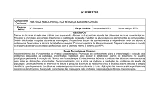 IV SEMESTRE


Componente
             PRÁTICAS AMBULATORIAL DAS TÉCNICAS MASSOTERÁPICAS
 Curricular:
   Período
               4º. Semestre                                 Carga Horária: Horas-aulas:320 h           Horas -relógio: 272h
    letivo:
                                                              OBJETIVOS
Treinar as técnicas através das práticas com supervisão. Atender no Laboratório através das diferentes técnicas massoterápicas.
Proceder a promoção, prevenção, tratamento e reabilitação da saúde; Habilitar os alunos para os atendimentos às comunidades;
Dirimir dificuldades surgidas durante as massagens; Proporcionar trocas de conhecimentos e experiências entre os alunos e
professores; Desenvolver a técnica de trabalho em equipe; Promover a prática da ética profissional; Preparar o aluno para o mundo
do trabalho; Estreitar as atividades profissionais com a clientela interna e externa ao IFPR.

                                                Bases Tecnológicas (Ementa)
Reconhecimento dos Fundamentos da Prática Massoterápica. Promoção do conhecimento para a interpretação e solução dos
problemas associados às patologias encontradas: habilidade para avaliar e estabelecer planos de tratamento no quadro
patológicos pertinente à atuação do Técnico em Massoterapia; Conhecimentos teóricos e práticos das técnicas massoterápicas
para tratar as disfunções encontradas. Comprometimento com a ética na vivência e resolução de problemas de saúde da
população. Desenvolvimento do Interesse na leitura e pesquisa. Estímulo ao raciocínio crítico e analítico sobre pesquisa e artigos
científicos. Aperfeiçoamento das técnicas massoterápicas ministradas durante o curso. Aplicação das normas e éticas profissionais
durante os atendimentos. Supervisão e orientação das massagens pelo professor responsável pela técnica massoterápica.
 