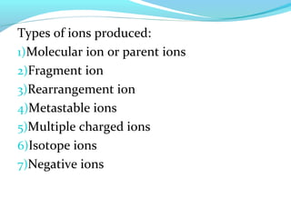Types of ions produced: 
1)Molecular ion or parent ions 
2)Fragment ion 
3)Rearrangement ion 
4)Metastable ions 
5)Multiple charged ions 
6)Isotope ions 
7)Negative ions 
 
