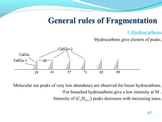 1.Hydrocarbons 
•Hydrocarbons give clusters of peaks. 
•Molecular ion peaks of very low abundance are observed for linear hydrocarbons. 
•For branched hydrocarbons give a low intensity at M+. 
•Intensity of (CnH2n+1) peaks decreases with increasing mass. 
47 
 
