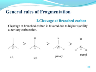 General rules of Fragmentation 
Cleavage at branched carbon is favored due to higher stability 
at tertiary carbocation. 
H 
C > C 
> C 
H 
H 
> 
H 
C 
H 
H 
tert. sec. primary methyl 
48 
 