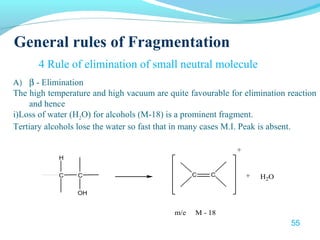 General rules of Fragmentation 
4 Rule of elimination of small neutral molecule 
A) b - Elimination 
The high temperature and high vacuum are quite favourable for elimination reaction 
H 
C 
C 
OH 
C C 
+ 
+ H2O 
m/e M - 18 
and hence 
i)Loss of water (H2O) for alcohols (M-18) is a prominent fragment. 
Tertiary alcohols lose the water so fast that in many cases M.I. Peak is absent. 
55 
 