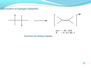 v)Elimination of Hydrogen halide(HX), 
Common for tertiary halides. 
H 
C 
C 
X 
C C 
m/e = M - HX 
X = F, Cl, Br, I 
58 
 