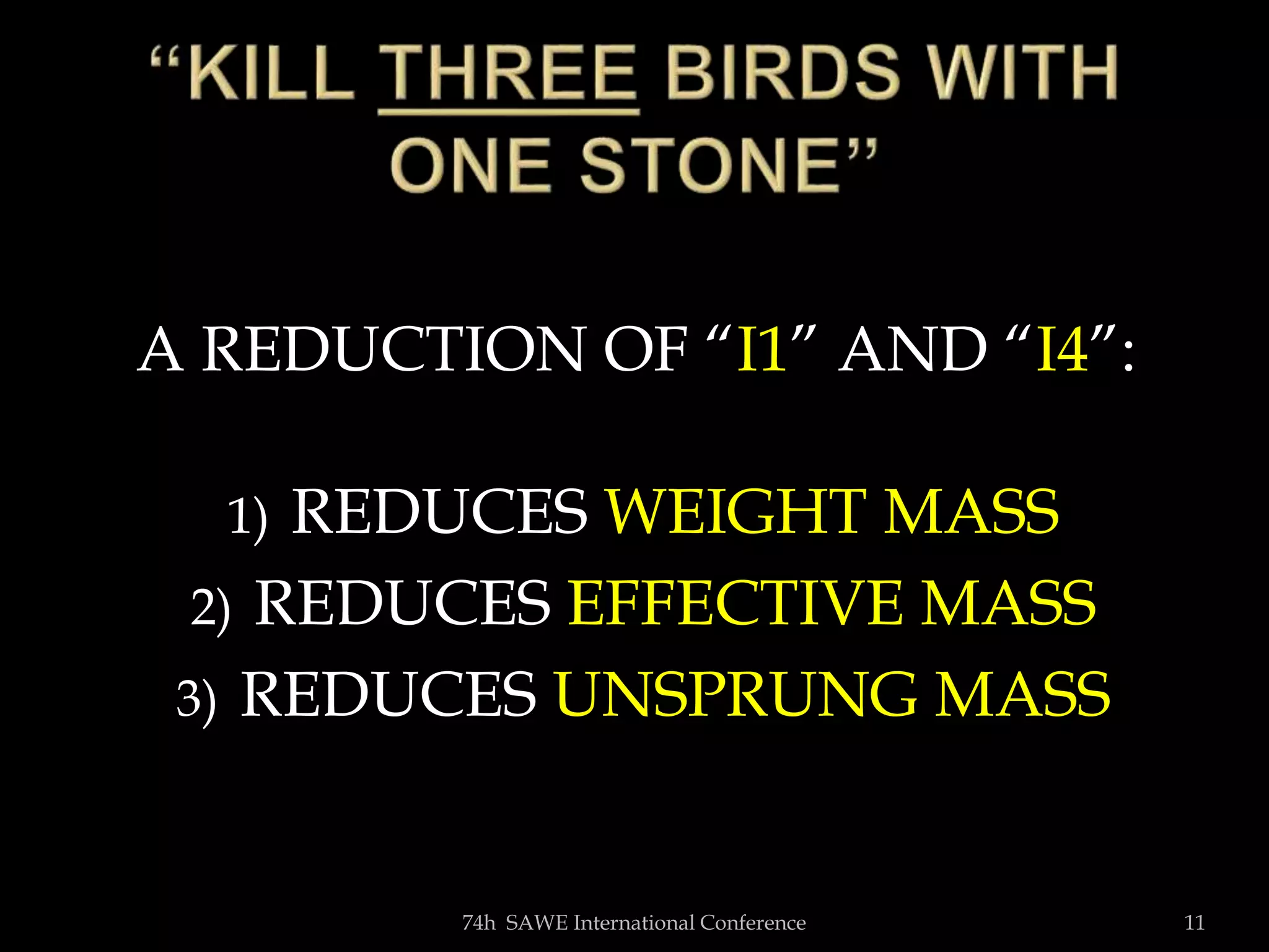 A REDUCTION OF “I1” AND “I4”:
1) REDUCES WEIGHT MASS
2) REDUCES EFFECTIVE MASS
3) REDUCES UNSPRUNG MASS
74h SAWE International Conference 11
 