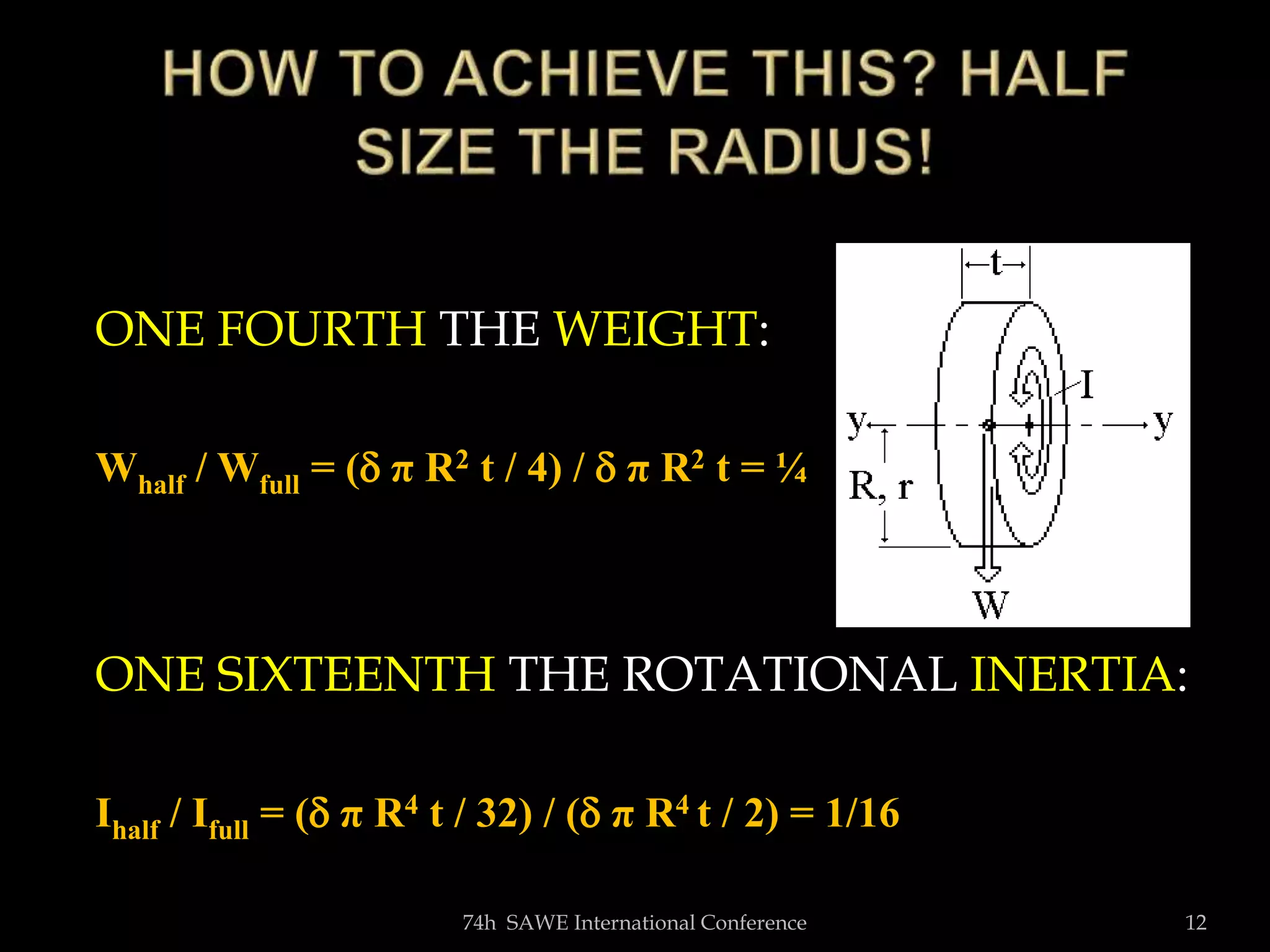 ONE FOURTH THE WEIGHT:
Whalf / Wfull = ( π R2 t / 4) /  π R2 t = ¼
ONE SIXTEENTH THE ROTATIONAL INERTIA:
Ihalf / Ifull = ( π R4 t / 32) / ( π R4 t / 2) = 1/16
74h SAWE International Conference 12
 