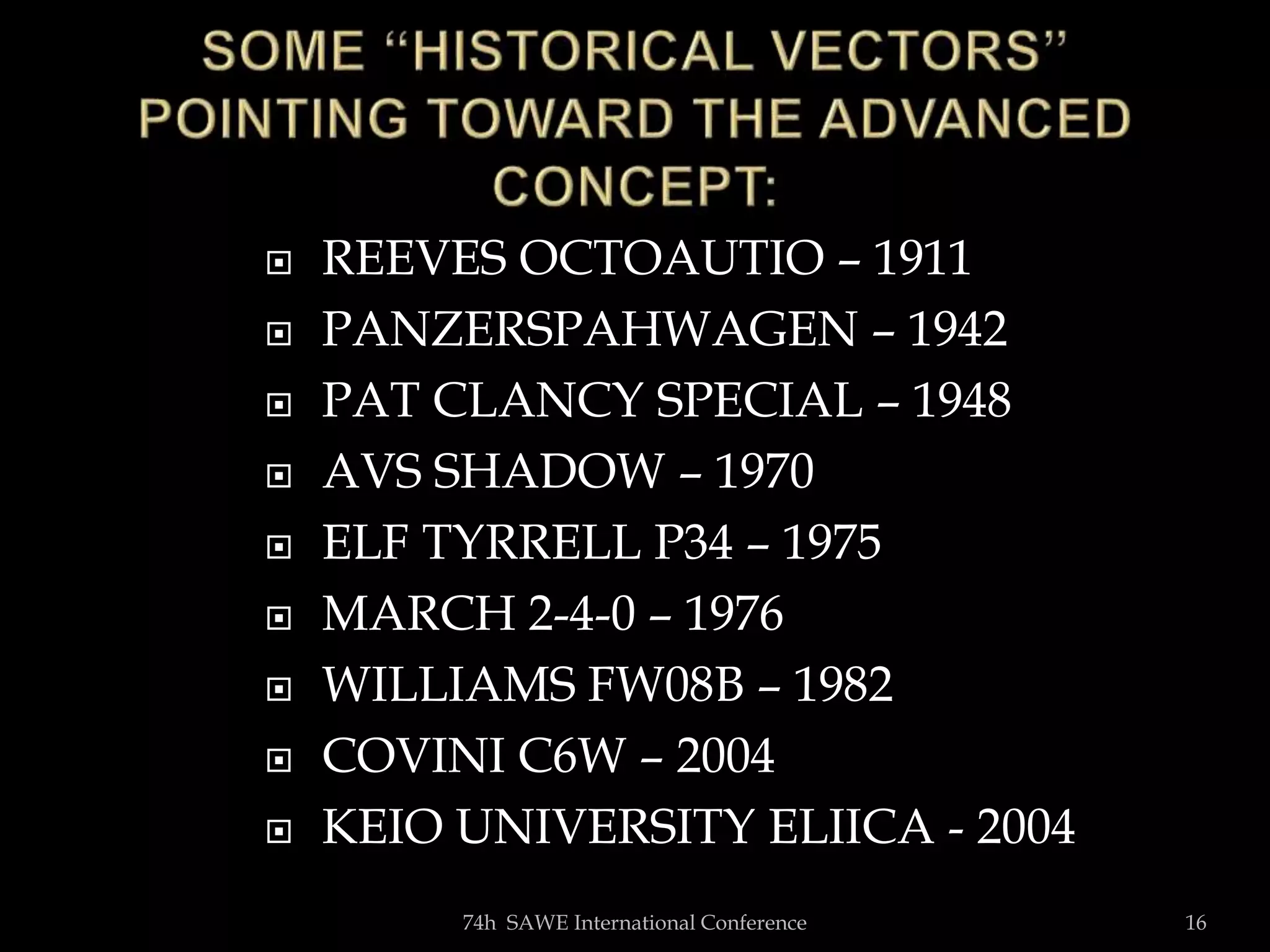  REEVES OCTOAUTIO – 1911
 PANZERSPAHWAGEN – 1942
 PAT CLANCY SPECIAL – 1948
 AVS SHADOW – 1970
 ELF TYRRELL P34 – 1975
 MARCH 2-4-0 – 1976
 WILLIAMS FW08B – 1982
 COVINI C6W – 2004
 KEIO UNIVERSITY ELIICA - 2004
74h SAWE International Conference 16
 