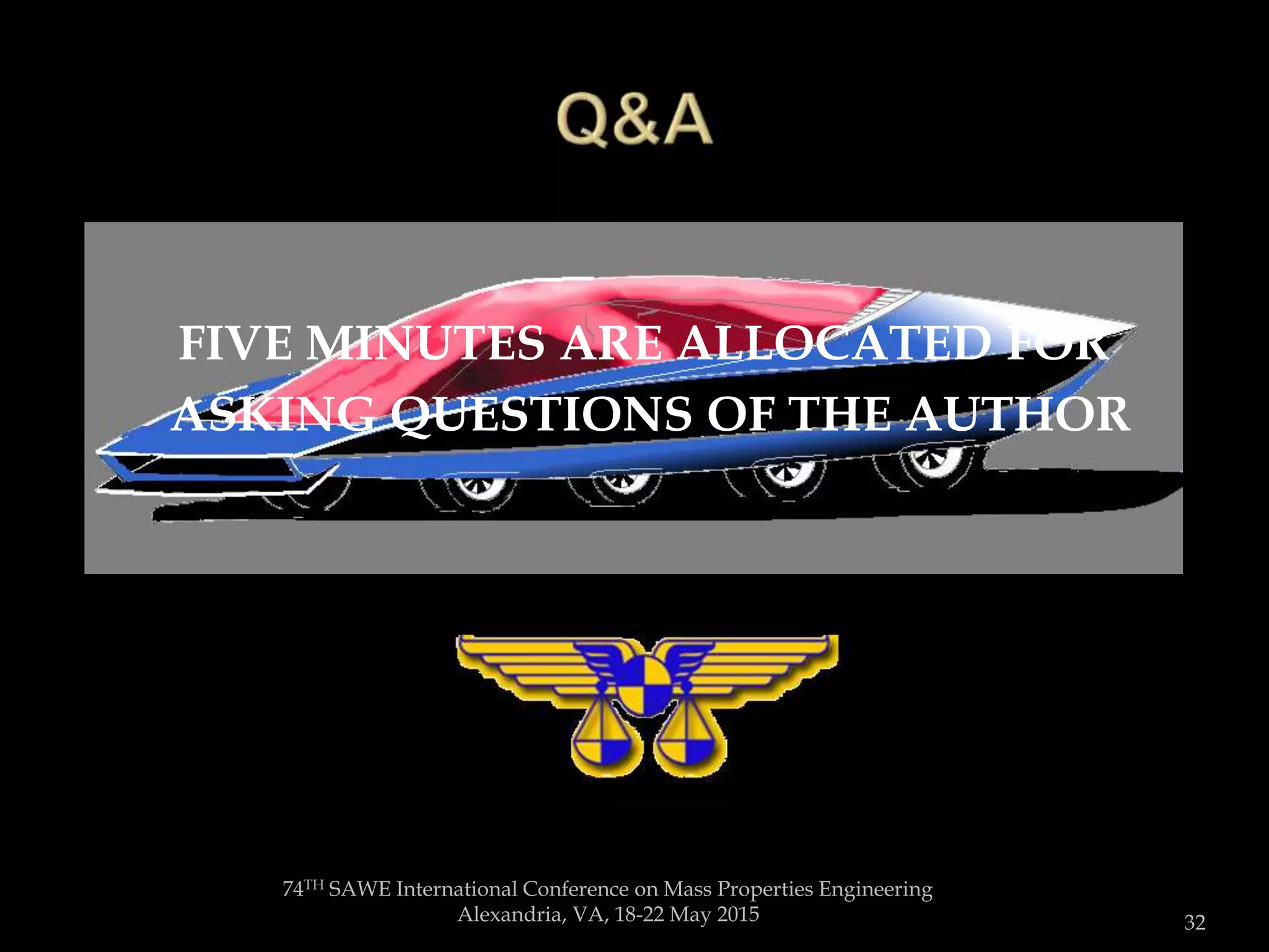 FIVE MINUTES ARE ALLOCATED FOR
ASKING QUESTIONS OF THE AUTHOR
74TH SAWE International Conference on Mass Properties Engineering
Alexandria, VA, 18-22 May 2015 32
 
