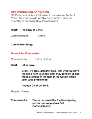 First Communion Mass Rite School Year 2024-2025 | PDF