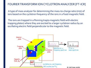 24
FOURIERTRANSFORM ION CYCLOTRON ANALYZER [FT-ICR]
A type of mass analyzer for determining the mass-to-charge ratio (m/z) of
ions based on the cyclotron frequency of the ions in a fixed magnetic field.
The ions are trapped in a Penning trap(a magnetic field with electric
trapping plates) where they are excited to a larger cyclotron radius by an
oscillating electric field perpendicular to the magnetic field.
 