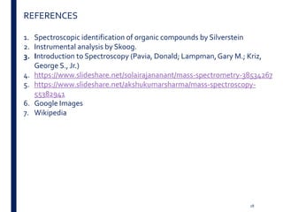 28
REFERENCES
1. Spectroscopic identification of organic compounds by Silverstein
2. Instrumental analysis by Skoog.
3. Introduction to Spectroscopy (Pavia, Donald; Lampman,Gary M.; Kriz,
George S., Jr.)
4. https://www.slideshare.net/solairajananant/mass-spectrometry-38534267
5. https://www.slideshare.net/akshukumarsharma/mass-spectroscopy-
55382941
6. Google Images
7. Wikipedia
 