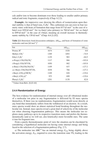 2.4 Internal Energy and the Further Fate of Ions 35
cals and/or ions to become dominant over those leading to smaller and/or primary
radical and ionic fragments, respectively (Chap. 6.2.2).
Example: An impressive case showing the effects of isomerization upon ther-
mal stability is that of butyl ions, C4H9
+
. This carbenium ion can exist in four iso-
meric states with heats of formation that range from 837 kJ mol–1
in the case of n-
butyl over 828 kJ mol–1
for iso-butyl (also primary) to 766 kJ mol–1
for sec-butyl
to 699 kJ mol–1
in the case of t-butyl, meaning an overall increase in thermody-
namic stability by 138 kJ mol–1
(Chap. 6.6.2) [42].
Table 2.3. Heterolytic bond dissociation enthalpies, ΔHDhet, and heats of formation of some
molecules and ions [kJ mol–1
] a
Ion ΔHDhet ΔHf(R+) ΔHf(RH)
Proton, H+
1674 1528 0.0
Methyl, CH3
+
1309 1093 –74.9
Ethyl, C2H5
+
1129 903 –84.5
n-Propyl, CH3CH2CH2
+
1117 866 –103.8
i-Propyl, CH3CH+
CH3 1050 802 –103.8
n-Butyl, CH3CH2CH2CH2
+
1109 837 –127.2
sec-Butyl, CH3CH2CH+
CH3 1038 766 –127.2
i-Butyl, (CH3)2CHCH2
+
1109 828 –135.6
t-Butyl, (CH3)3C+
975 699 –135.6
Phenyl, C6H5
+
1201 1138 82.8
a
Values from Refs. [8,42-44]
2.4.4 Randomization of Energy
The best evidence for randomization of internal energy over all vibrational modes
of a molecular ion prior to any fragmentation is delivered by EI mass spectra
themselves. If there was no randomization, fragmentation would occur directly at
any bond that immediately suffers from the withdrawal of an electron. As a result,
mass spectra would show an almost statistical bond breaking throughout the mo-
lecular ion. Instead, mass spectra reveal a great deal of selectivity of the molecular
ion when choosing fragmentation pathways. This means the molecular ion ex-
plores many pathways up to its respective transition states and prefers the thermo-
dynamically (and as we will see, also kinetically) more favorable ones. The same
is true for fragment ions.
From a purely thermodynamic point of view the situation can be elucidated by
considering a hypothetical molecular ion having some internal energy and being
faced to the selection of a fragmentation pathway (Fig. 2.7).
a) The molecular ion ABC+•
has an internal energy Einta being slightly above
the activation energy, E02, required to cross the transition state TS2 leading to the
 