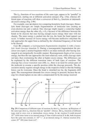 2.5 Quasi-Equilibrium Theory 41
The k(E) functions of two reactions of the same type, appear to be “parallel” in
comparison, starting out at different activation energies (Fig. 2.9a), whereas dif-
ferent types of reactions will show a crossover of their k(E) functions at intermedi-
ate excess energy (Fig. 2.9b).
For example, case (a) depicts two competing homolytic bond cleavages. Homo-
lytic bond cleavages are simple fragmentations of molecular ions creating an
even-electron ion and a radical. One cleavage might require a somewhat higher
activation energy than the other (E02 > E01) because of the difference between the
bonds to be cleaved, but once having enough excess energy their rates will rise
sharply. The more energy is pushed into the ion, the faster the bond rupture can
occur. A further increase of excess energy will become ineffective onlywhen the
rate approaches the upper limit as defined by the vibrational frequency of the bond
to be cleaved.
Case (b) compares a rearrangement fragmentation (reaction 1) with a homo-
lytic bond cleavage (reaction 2). During a rearrangement fragmentation the pre-
cursor ion expels a neutral fragment which is an intact molecule after having rear-
ranged in an energetically favorable manner. Rearrangements begin at low excess
energy, but then the rate approaches the limit relatively soon, while cleavage starts
out later, then overrunning the other at higher excess energy. The differences can
be explained by the different transition states of both types of reactions. The
cleavage has a loose transition state [40], i.e., there is no need for certain parts of
the molecule to assume a specific position while the cleavage proceeds. The dis-
sociation merely requires enough energy in the respective bond so that the binding
forces can be overcome. Once the bond is stretched too far, the fragments drift
apart. The rearrangement demands less excess energy to proceed, because the en-
ergy for a bond rupture on one side is compensated for by the energy received
Fig. 2.9. Comparison of different types of reactions by their k(E) functions. (a) Reactions of
the same type show k(E) functions that are “parallel”, whereas (b) k(E) functions of different
types tend to cross over at intermediate excess energy. In (a), reaction 1 would proceed
102.8
(630) times faster at an internal energy E' than would reaction 2. In (b), both reactions
have the same rate constant, k = 105.4
s–1
, at an internal energy E', whereas reaction 2 be-
comes 101.9
(80) times faster at E''.
 