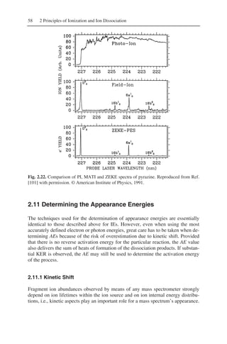 58 2 Principles of Ionization and Ion Dissociation
Fig. 2.22. Comparison of PI, MATI and ZEKE spectra of pyrazine. Reproduced from Ref.
[101] with permission. © American Institute of Physics, 1991.
2.11 Determining the Appearance Energies
The techniques used for the determination of appearance energies are essentially
identical to those described above for IEs. However, even when using the most
accurately defined electron or photon energies, great care has to be taken when de-
termining AEs because of the risk of overestimation due to kinetic shift. Provided
that there is no reverse activation energy for the particular reaction, the AE value
also delivers the sum of heats of formation of the dissociation products. If substan-
tial KER is observed, the AE may still be used to determine the activation energy
of the process.
2.11.1 Kinetic Shift
Fragment ion abundances observed by means of any mass spectrometer strongly
depend on ion lifetimes within the ion source and on ion internal energy distribu-
tions, i.e., kinetic aspects play an important role for a mass spectrum’s appearance.
 