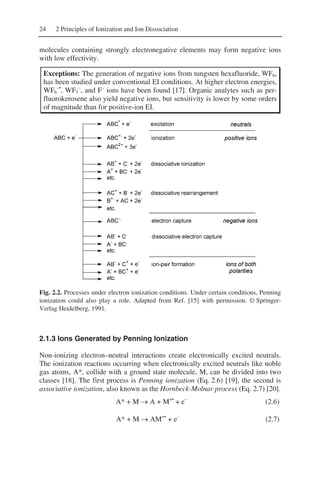 24 2 Principles of Ionization and Ion Dissociation
molecules containing strongly electronegative elements may form negative ions
with low effectivity.
Exceptions: The generation of negative ions from tungsten hexafluoride, WF6,
has been studied under conventional EI conditions. At higher electron energies,
WF6
–•
, WF5
–
, and F–
ions have been found [17]. Organic analytes such as per-
fluorokerosene also yield negative ions, but sensitivity is lower by some orders
of magnitude than for positive-ion EI.
Fig. 2.2. Processes under electron ionization conditions. Under certain conditions, Penning
ionization could also play a role. Adapted from Ref. [15] with permission. © Springer-
Verlag Heidelberg, 1991.
2.1.3 Ions Generated by Penning Ionization
Non-ionizing electron–neutral interactions create electronically excited neutrals.
The ionization reactions occurring when electronically excited neutrals like noble
gas atoms, A*, collide with a ground state molecule, M, can be divided into two
classes [18]. The first process is Penning ionization (Eq. 2.6) [19], the second is
associative ionization, also known as the Hornbeck-Molnar process (Eq. 2.7) [20].
A* + M → A + M+•
+ e–
(2.6)
A* + M → AM+•
+ e–
(2.7)
 