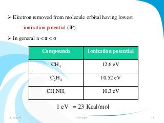  Electron removed from molecule orbital having lowest 
ionization potential (IP). 
 In general n < π < σ 
Compounds Ionization potential 
CH4 12.6 eV 
C2H4 10.52 eV 
CH3NH2 10.3 eV 
1 eV = 23 Kcal/mol 
31-Aug-14 Solairajan 13 
 