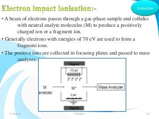 Ionisation 
• A beam of electrons passes through a gas-phase sample and collides 
with neutral analyte molecules (M) to produce a positively 
charged ion or a fragment ion. 
• Generally electrons with energies of 70 eV are used to form a 
fragment ions. 
• The positive ions are collected in focusing plates and passed to mass 
analyzer. 
31-Aug-14 Solairajan 22 
 