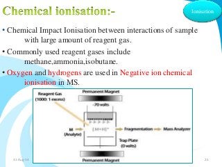 Ionisation 
• Chemical Impact Ionisation between interactions of sample 
with large amount of reagent gas. 
• Commonly used reagent gases include 
methane,ammonia,isobutane. 
• Oxygen and hydrogens are used in Negative ion chemical 
ionisation in MS. 
31-Aug-14 Solairajan 25 
 
