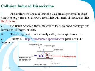 Collision Induced Dissociation 
 Molecular ions are accelerated by electrical potential to high 
kinetic energy and then allowed to collide with neutral molecules like 
He,N or Ar. 
 Collision between these molecules leads to bond breakage and 
formation of fragment ions. 
 These fragment ions are analysed by mass spectrometer. 
 Example:- Triple quadrupole spectrometer produces CID 
fragments. 
31-Aug-14 Solairajan 54 
 