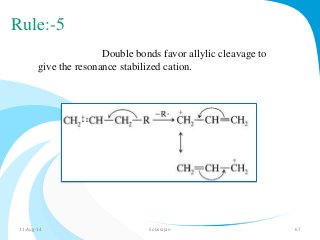 Rule:-5 
Double bonds favor allylic cleavage to 
give the resonance stabilized cation. 
31-Aug-14 Solairajan 67 
 