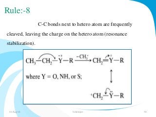Rule:-8 
C-C bonds next to hetero atom are frequently 
cleaved, leaving the charge on the hetero atom (resonance 
stabilization). 
31-Aug-14 Solairajan 70 
 