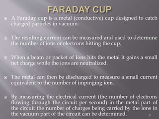  A Faraday cup is a metal (conductive) cup designed to catch
charged particles in vacuum.
 The resulting current can be measured and used to determine
the number of ions or electrons hitting the cup.
 When a beam or packet of Ions hits the metal it gains a small
net charge while the ions are neutralized.
 The metal can then be discharged to measure a small current
equivalent to the number of impinging ions.
 By measuring the electrical current (the number of electrons
flowing through the circuit per second) in the metal part of
the circuit the number of charges being carried by the ions in
the vacuum part of the circuit can be determined. 55
 