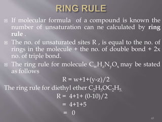  If molecular formula of a compound is known the
number of unsaturation can ne calculated by ring
rule .
 The no. of unsaturated sites R , is equal to the no. of
rings in the molecule + the no. of double bond + 2x
no. of triple bond.
 The ring rule for molecule CwHzNyOx may be stated
as follows
R = w+1+(y-z)/2
The ring rule for diethyl ether C2H5OC2H5.
R = 4+1+ (0-10)/2
= 4+1+5
= 0
65
 