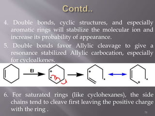 4. Double bonds, cyclic structures, and especially
aromatic rings will stabilize the molecular ion and
increase its probability of appearance.
5. Double bonds favor Allylic cleavage to give a
resonance stabilized Allylic carbocation, especially
for cycloalkenes.
6. For saturated rings (like cyclohexanes), the side
chains tend to cleave first leaving the positive charge
with the ring . 70
 