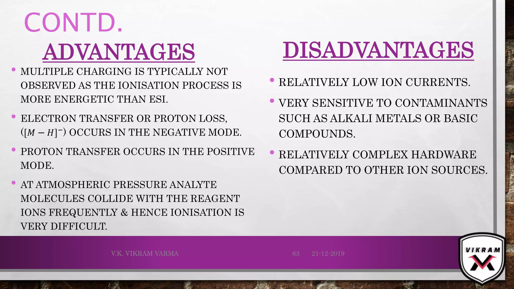 CONTD.
ADVANTAGES
• MULTIPLE CHARGING IS TYPICALLY NOT
OBSERVED AS THE IONISATION PROCESS IS
MORE ENERGETIC THAN ESI.
• ELECTRON TRANSFER OR PROTON LOSS,
([𝑀 − 𝐻]−
) OCCURS IN THE NEGATIVE MODE.
• PROTON TRANSFER OCCURS IN THE POSITIVE
MODE.
• AT ATMOSPHERIC PRESSURE ANALYTE
MOLECULES COLLIDE WITH THE REAGENT
IONS FREQUENTLY & HENCE IONISATION IS
VERY DIFFICULT.
DISADVANTAGES
• RELATIVELY LOW ION CURRENTS.
• VERY SENSITIVE TO CONTAMINANTS
SUCH AS ALKALI METALS OR BASIC
COMPOUNDS.
• RELATIVELY COMPLEX HARDWARE
COMPARED TO OTHER ION SOURCES.
21-12-2019V.K. VIKRAM VARMA 63
 
