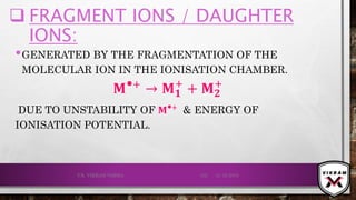 •GENERATED BY THE FRAGMENTATION OF THE
MOLECULAR ION IN THE IONISATION CHAMBER.
𝐌⦁+
→ 𝐌 𝟏
+
+ 𝐌 𝟐
+
DUE TO UNSTABILITY OF 𝐌⦁+
& ENERGY OF
IONISATION POTENTIAL.
21-12-2019V.K. VIKRAM VARMA 102
 FRAGMENT IONS / DAUGHTER
IONS:
 