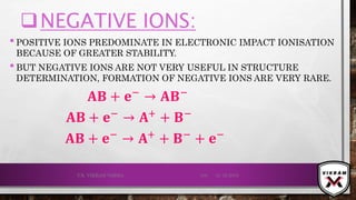 NEGATIVE IONS:
•POSITIVE IONS PREDOMINATE IN ELECTRONIC IMPACT IONISATION
BECAUSE OF GREATER STABILITY.
•BUT NEGATIVE IONS ARE NOT VERY USEFUL IN STRUCTURE
DETERMINATION, FORMATION OF NEGATIVE IONS ARE VERY RARE.
𝐀𝐁 + ⅇ−
→ 𝐀𝐁−
𝐀𝐁 + ⅇ−
→ 𝐀+
+ 𝐁−
𝐀𝐁 + ⅇ−
→ 𝐀+
+ 𝐁−
+ ⅇ−
21-12-2019V.K. VIKRAM VARMA 105
 